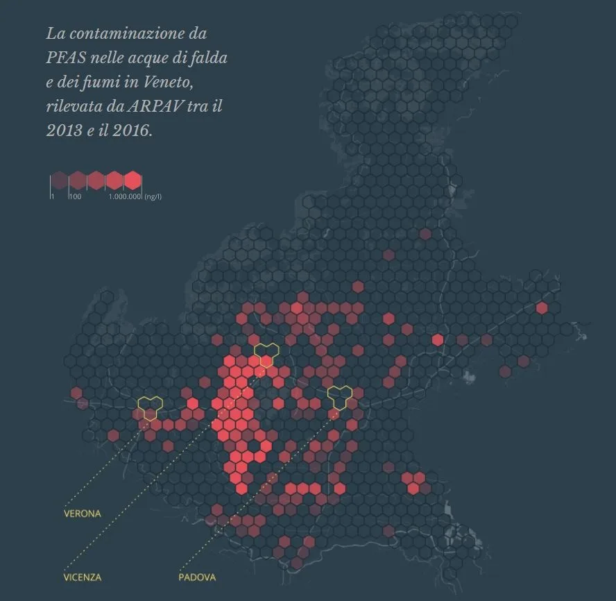Cartina con le aree interessate dalla Pfas
