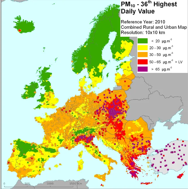 Cartina geografica con distribuzione pm10 in Europa