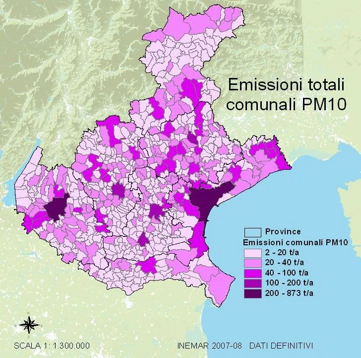 Cartina del Veneto con i livelli di pm10
