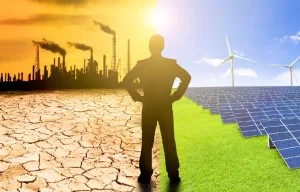 Operaio diviso tra un mondo inquinato da energie fossili e un mondo pulito con energia solare
