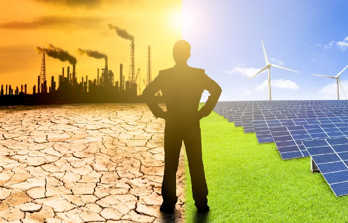 Operaio diviso tra un mondo inquinato da energie fossili e un mondo pulito con energia solare