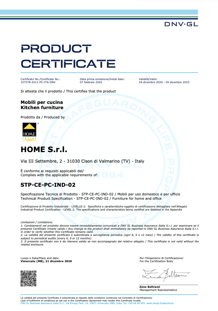 Certificazione di prodotto Home Cucine