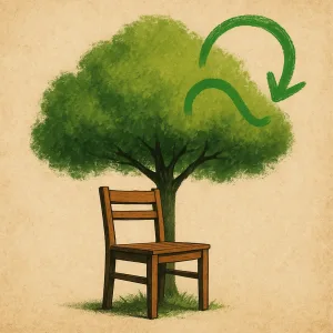 Albero e sedia di legno che indicano il concetto di sostenibilità nell'arredamento
